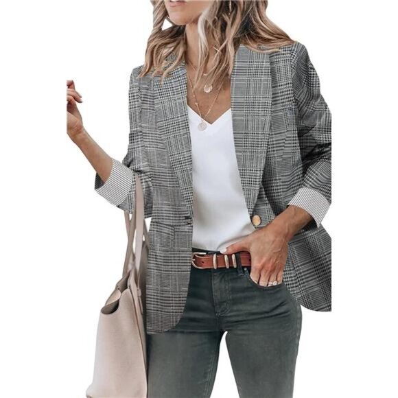Womens Blazer Jackets with Pockets Plaid - Picture 2 of 5